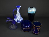 Lot of Five Cobalt Blue Glass Pieces: Ewer, Vase, Eagle Figure, Vanity Jar, Tumbler