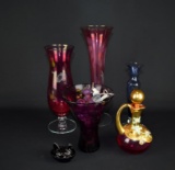 Lot of Six Vintage Glass Pieces: Cranberry & Other