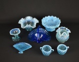 Lot of Seven Pieces Vintage Blue Hobnail Art Glass: Vases, Basket, Trinket Tray, Sugar & Creamer