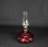 Cranberry Glass Base 8.5” Oil Lamp, Clear Chimney