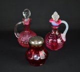 Lot of Three Cranberry & Cranberry Opalescent Glass Serving Pieces: Shaker, Cruets