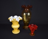 Lot of Three Warm Colors Glass Vases: Amberina, Yellow, Red