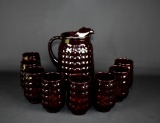 Vintage Anchor Hocking Ruby Red Bubbles Glass Pitcher w/ Eight Tumblers