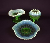 Lot of Three Vintage Green Opalescent Pieces: Dugan Compote, Rose Bowl, Bowl