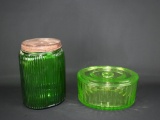 Lot of Green Glass Metal Lidded Jar and Oval Lidded Bowl