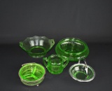 Lot of Five Vintage Green Glass Pieces: Bowls, Basket, Open Sugar, Divided Dish