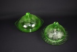 Lot of Two Round Green Glass Covered Butter Dishes