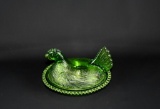 Vintage Green Glass Hen on Nest Dish w/ Beaded Rim