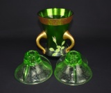 Lot of Three Green Glass Pieces: Pair of Candlesticks & Hand-painted Vase
