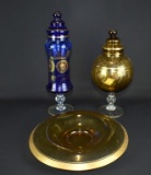 Lot of Three Gold & Blue Glass Beaded Apothecary Jars & Gilt Edged Bowl