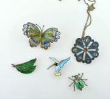 Lot of Five Enameled Sterling Silver Pins  or Pendants