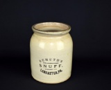 Antique DeMuth's Celebrated Stoneware Snuff Jar, Lancaster, PA