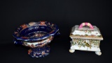Two Contemporary Oriental Themed Decorative Pieces: Footed Bowl & Footed Box w/ Lid