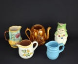 Lot of Five Vintage Jugs & Teapot: Majolica, Stangl Pottery & Others
