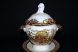 American Tradition “King Tom” Ironstone Covered Gravy Boat w/ Underplate