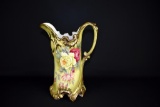 Antique Hand-painted Green & Gilt w/ Rose Theme Nippon 12” Pitcher