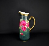 Antique O & EG Royal Austria Dark Green & Gilt w/ Rose Theme 13” Pitcher