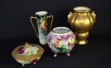 Lot of Four Hand-painted & Gilt Decorated Porcelain: Vases & Covered Dish