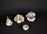 Lot of Four Small Decorative China Pieces: Capodimonte Style Flowers & Enesco Bell