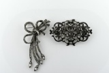 Lot of Two Antique Sterling Silver & Rhinestone Pin/Clip