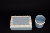 Wedgwood Blue Embossed Queensware Cigarette Box & Miniature Tumbler w/ Grape Vines