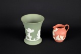 Lot of Two Small Wedgwood Green & Red Sprigware Pieces: Vase & Creamer