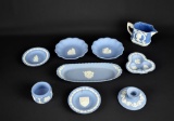 Lot of Eight Wedgwood Blue Decorative Pieces w/ Classical Figures, Flowers, & Other