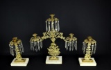 Brass & Crystal Prism Mantle Garniture Set with Alabaster Bases