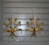 Pair of Brass & Crystal Teardrop Lusters Sconces w/ Lucite Candles