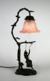 Andrea by Sadek Bronze Art Nouveau Style Lamp w/ Woman on Swing Signed M. Moreau