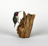 Hand Carved Ruby Throated Hummingbird on Wooden Base Signed TR
