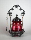 Derby Quadruple Plate Pickle Castor & Tongs w/ Cranberry Glass Jar