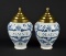 Pair Delft Blue & White “C. Malvae” Apothecary Jars with Brass Lids, Holland
