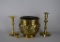 Lot of Brass Home Decor: Candlesticks, Wax Drip, Catchers, & Lion Mask Handle Planter