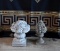 Pair of Resin Marblesque Garden Urn & Fruit Topiaries, Tallest is 15” H