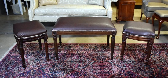 Set of Three Faux Leather Top Nailhead Trimmed Benches/Stools