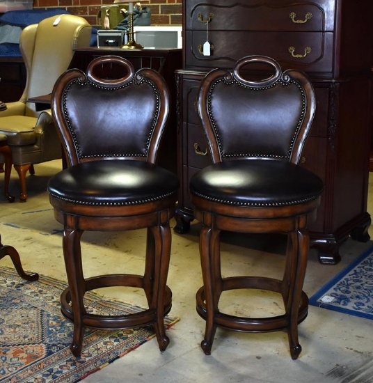 Pair of Artistica Tarleton Mahogany & Leather Barstools with Brass Nailhead Trim & Memory Swivel