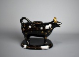 Antique Jackfield Shropshire, England Black Lead Glaze Ceramic Souvenir Cow Creamer with Lid