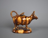 Antique American Bennington Rockingham Glaze Cow Creamer & Lid with Gadfly Finial