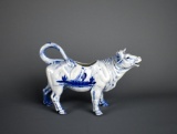 Antique German “Delft” Windmill Blue & White Porcelain Cow Creamer