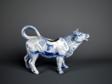 Antique German “Delft” Windmill Blue & White Porcelain Cow Creamer