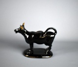 Antique Jackfield Shropshire, England Black Lead Glaze Ceramic Cow Creamer with Lid