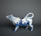 Antique German “Delft” Windmill Blue & White Porcelain Cow Creamer