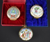 Lot of Two Halcyon Days Enamel Christmas Boxes & One Ornament with Acrylic Stand, England