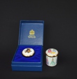 Two Halcyon Boxes Enamel Gift Boxes Commemorating Toys: “Original Teddy Bear” & “Victorian Dolls”