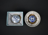 Blue & White Enamel Boxes: Halcyon Days Gift Ring Box & Alastor Enamels “Congratulations”, England