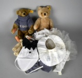 Lot of Two Steiff Jointed Mohair 9” Teddy Bears & Bear Clothing