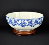 1996 Tiffany & Co. “Tiffany Delft” Blue & White Bowl, Portugal with Wooden Base