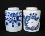 Delft Blue & White 7” “Ohio” &   “E. Escord” Apothecary Jars, Holland