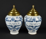 Pair Delft Blue & White “C. Malvae” Apothecary Jars with Brass Lids, Holland